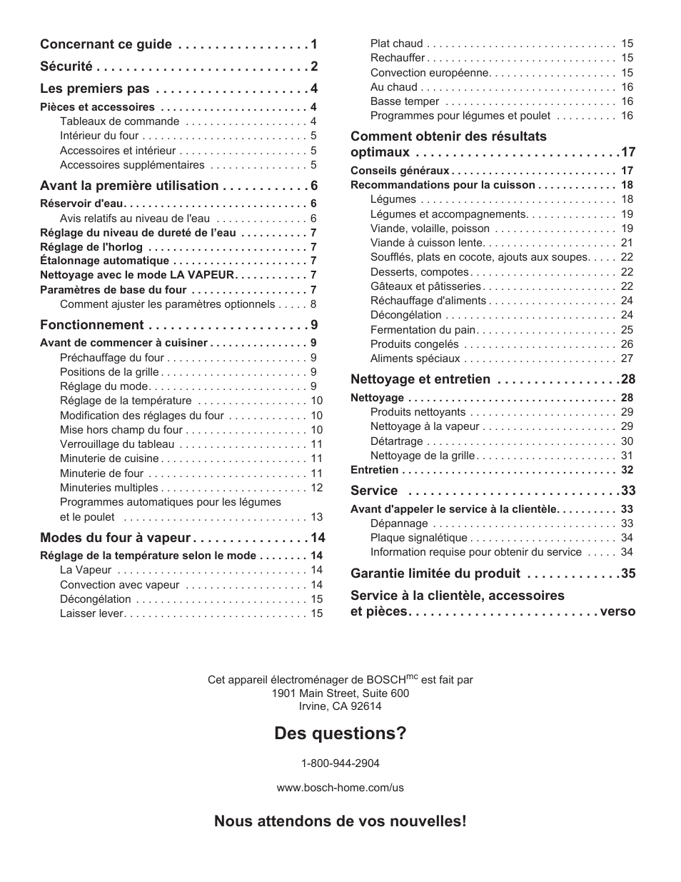 Des questions, Nous attendons de vos nouvelles | Bosch HSLP451UC User Manual | Page 37 / 116