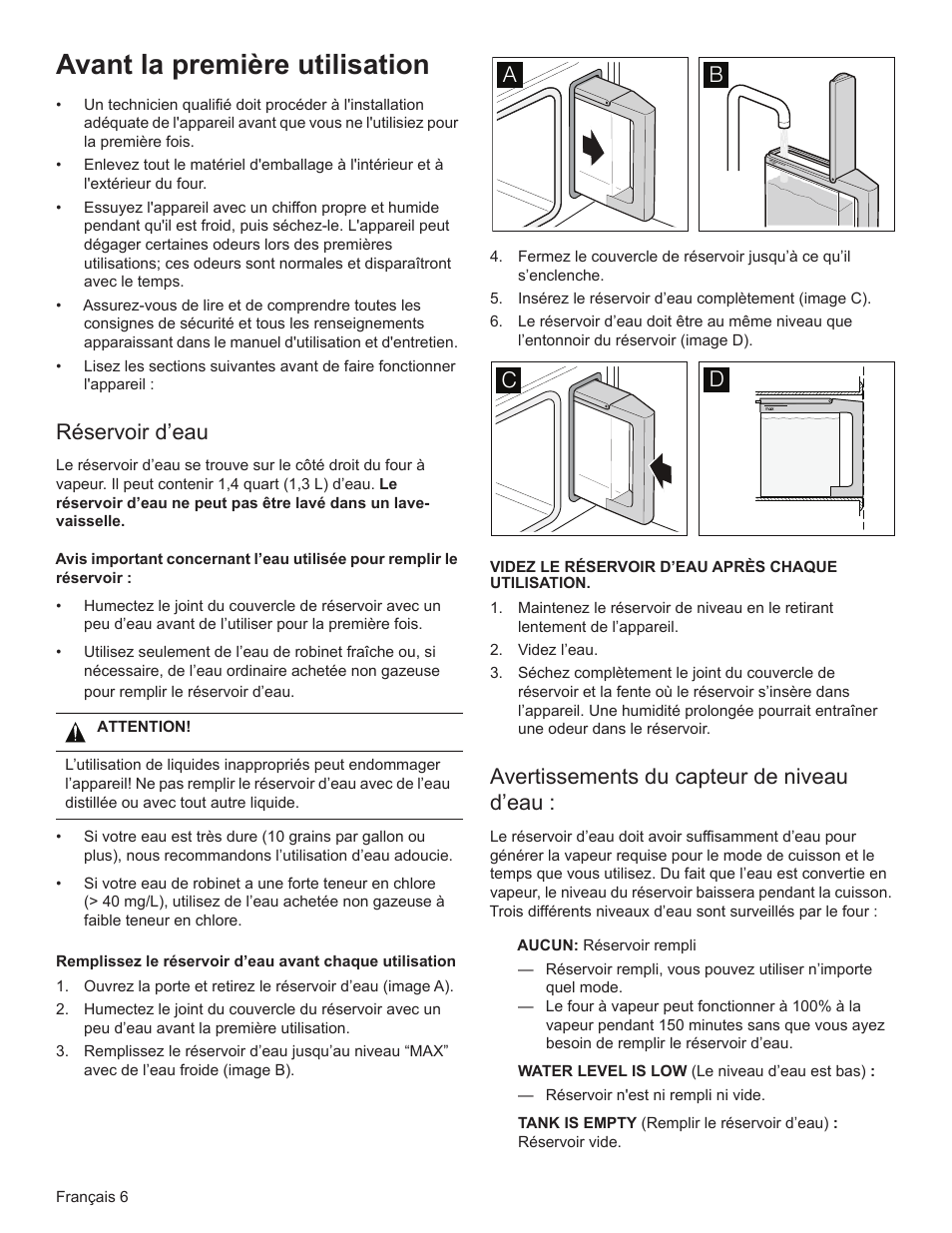 Avant la première utilisation, Réservoir d’eau, Avertissements du capteur de niveau d’eau | Bosch HSLP451UC User Manual | Page 43 / 116