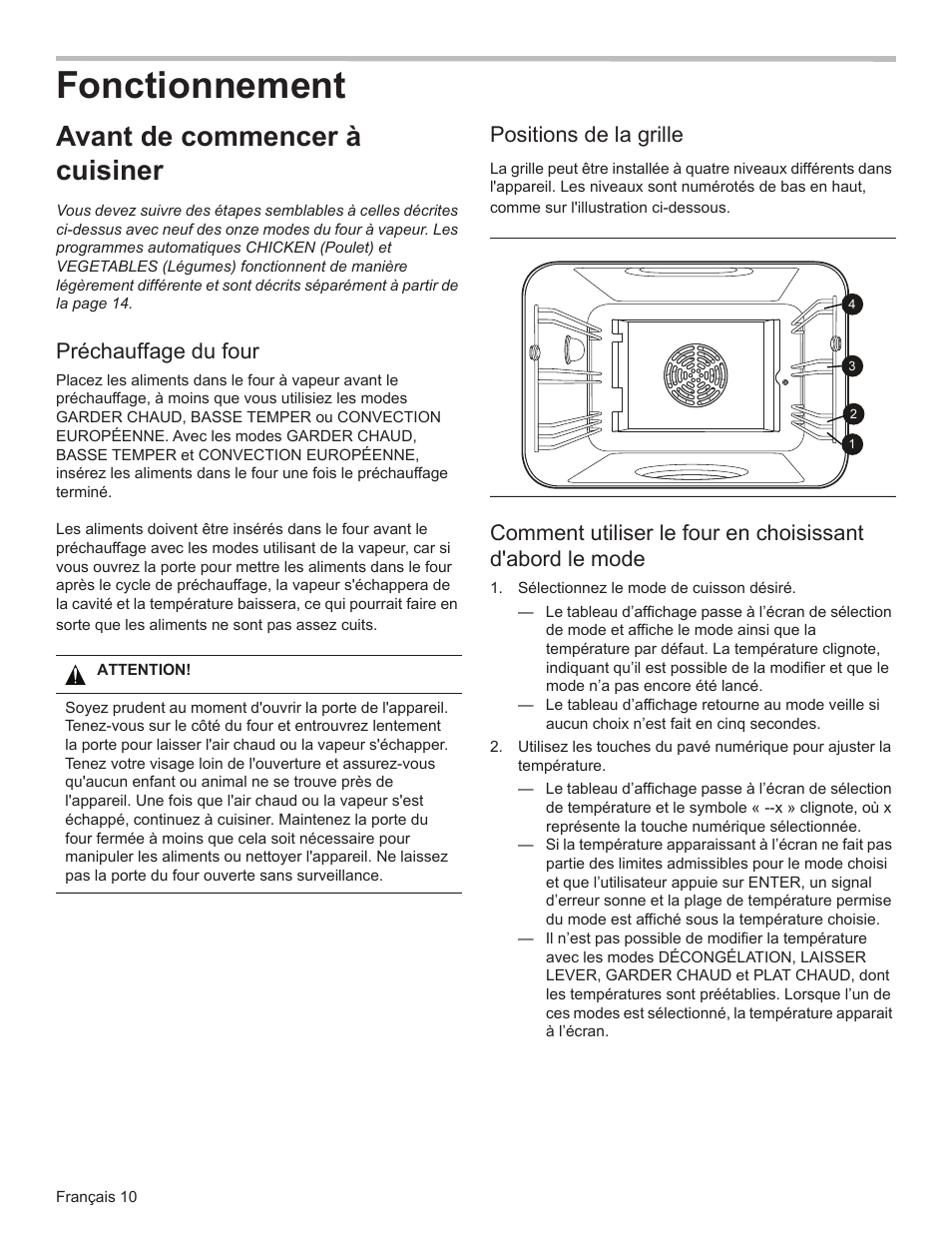 Fonctionnement, Avant de commencer à cuisiner, Préchauffage du four | Positions de la grille | Bosch HSLP451UC User Manual | Page 47 / 116