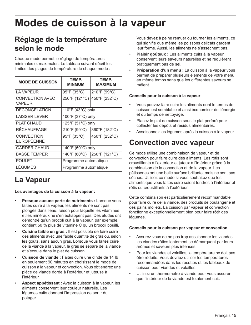 Modes de cuisson à la vapeur, Réglage de la température selon le mode, La vapeur | Convection avec vapeur | Bosch HSLP451UC User Manual | Page 52 / 116