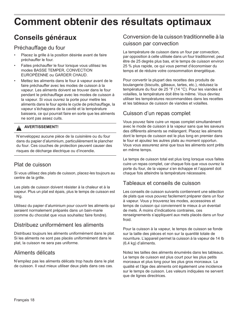 Comment obtenir des résultats optimaux, Conseils généraux, Préchauffage du four | Plat de cuisson, Distribuez uniformément les aliments, Aliments délicats, Cuisson d’un repas complet, Tableaux et conseils de cuisson | Bosch HSLP451UC User Manual | Page 55 / 116