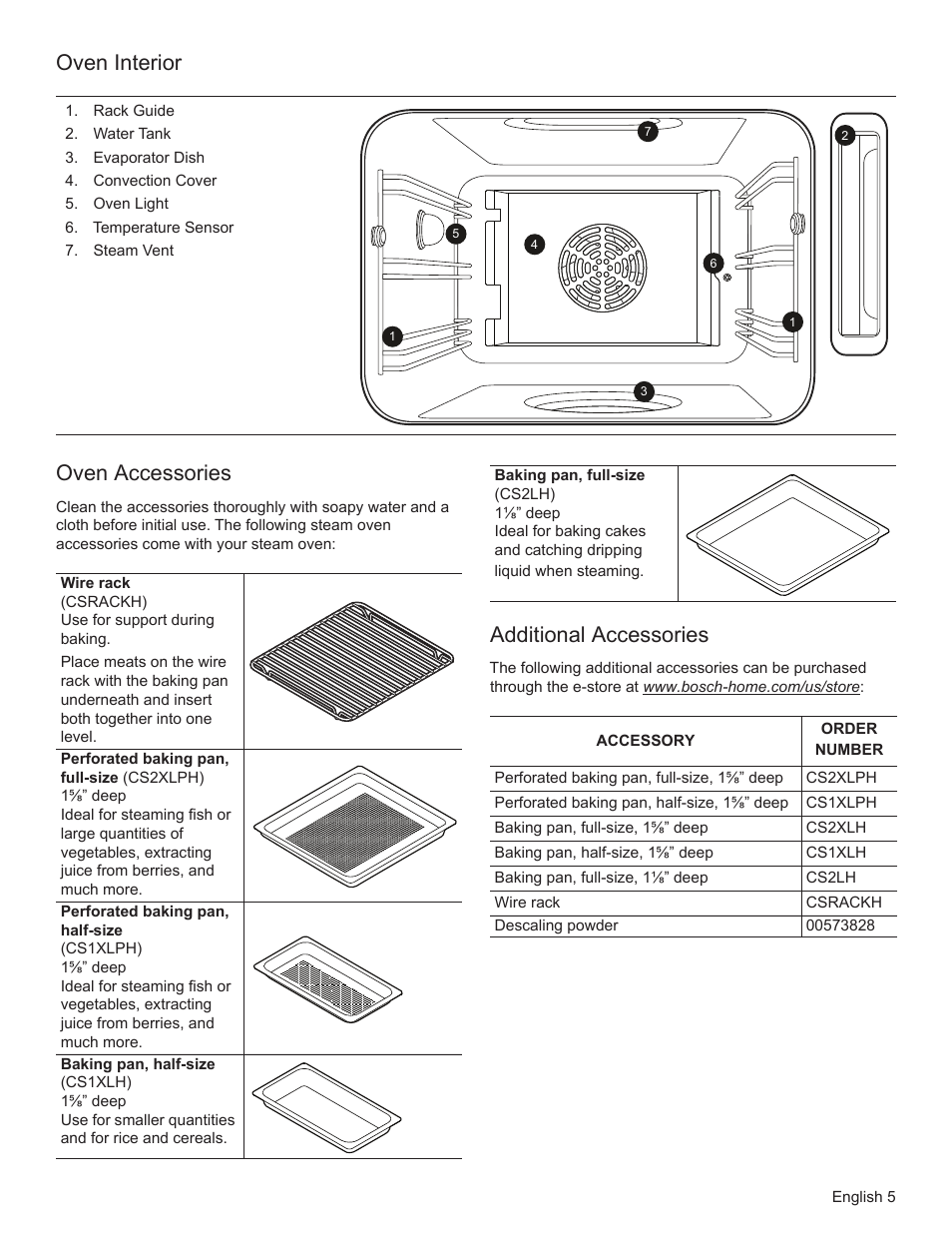 Oven interior, Oven accessories, Additional accessories | Bosch HSLP451UC User Manual | Page 7 / 116