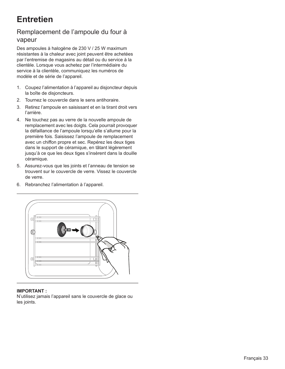 Entretien, Remplacement de l’ampoule du four à vapeur | Bosch HSLP451UC User Manual | Page 70 / 116