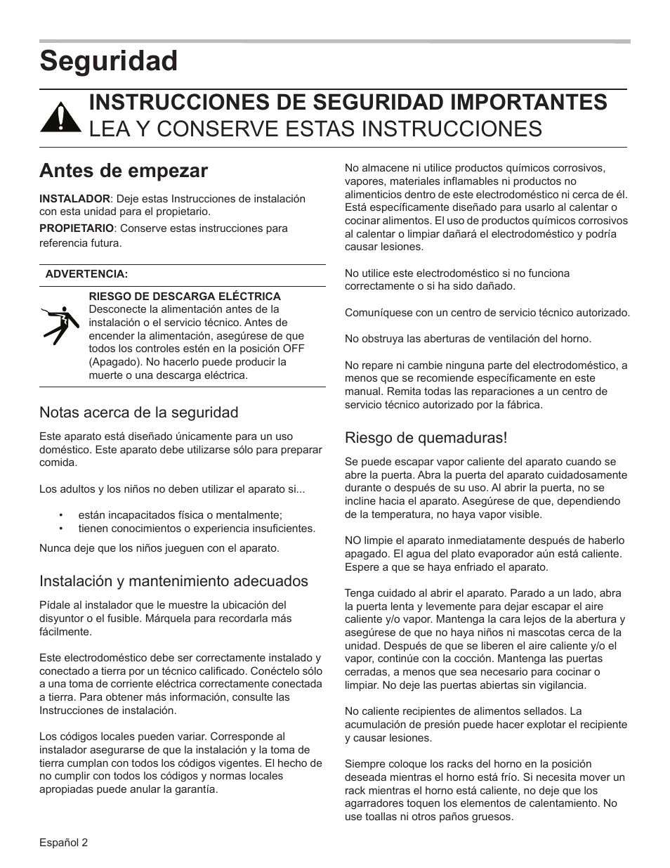 Seguridad, Antes de empezar, Notas acerca de la seguridad | Instalación y mantenimiento adecuados, Riesgo de quemaduras | Bosch HSLP451UC User Manual | Page 77 / 116