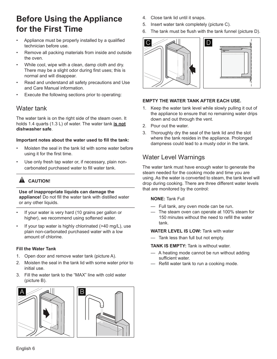 Before using the appliance for the first time, Water tank, Water level warnings | Bosch HSLP451UC User Manual | Page 8 / 116