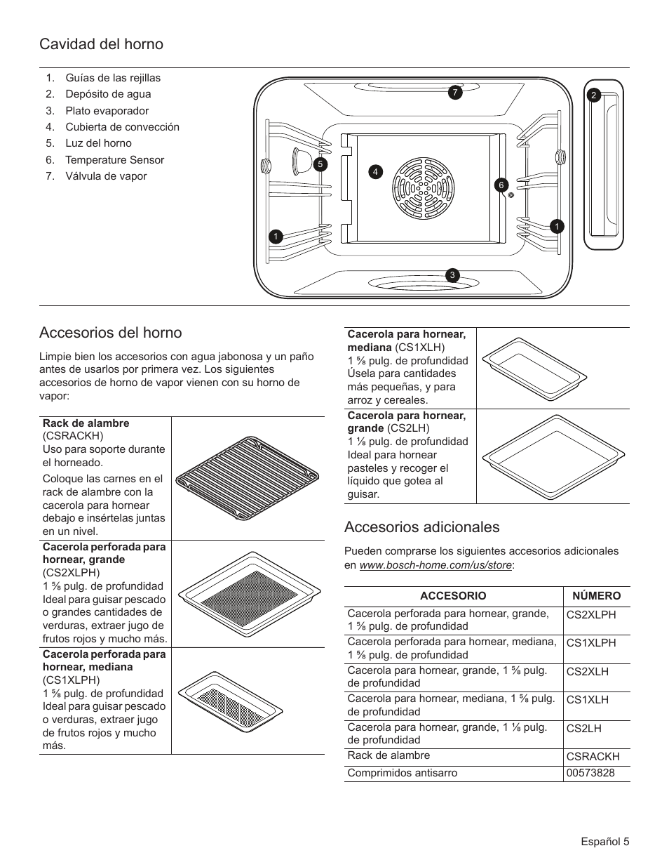 Cavidad del horno, Accesorios del horno, Accesorios adicionales | Bosch HSLP451UC User Manual | Page 80 / 116