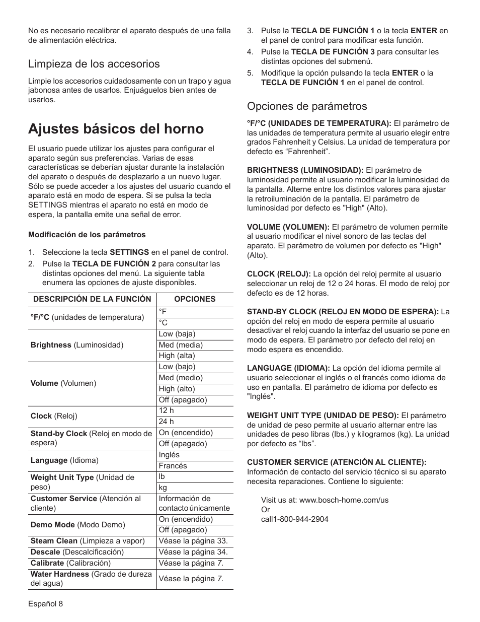 Ajustes básicos del horno, Limpieza de los accesorios, Opciones de parámetros | Bosch HSLP451UC User Manual | Page 83 / 116