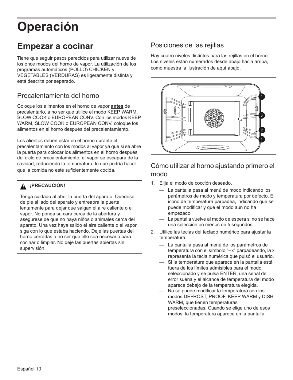 Operación, Empezar a cocinar, Precalentamiento del horno | Posiciones de las rejillas, Cómo utilizar el horno ajustando primero el modo | Bosch HSLP451UC User Manual | Page 85 / 116