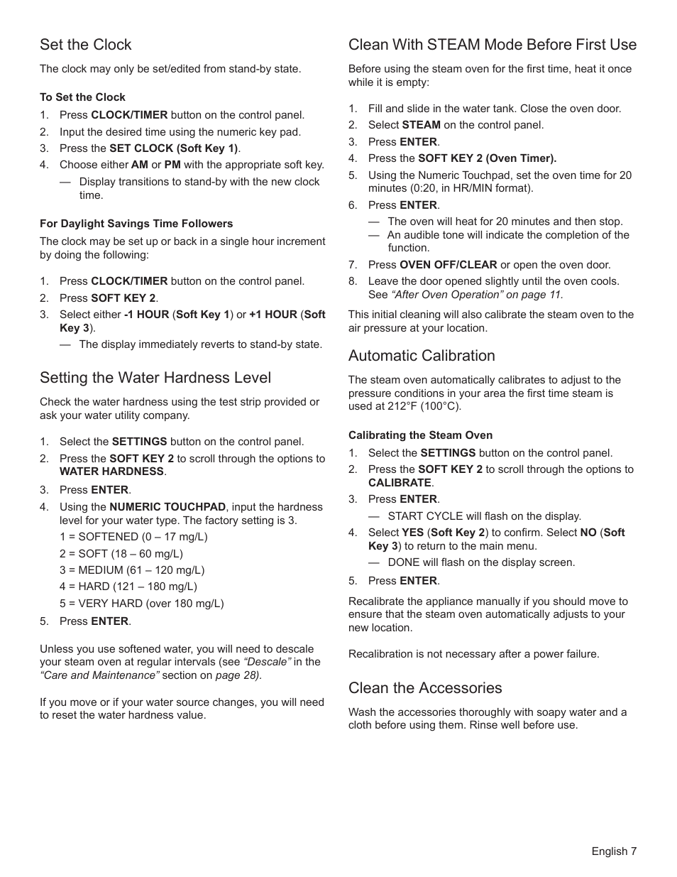 Set the clock, Setting the water hardness level, Clean with steam mode before first use | Automatic calibration, Clean the accessories | Bosch HSLP451UC User Manual | Page 9 / 116