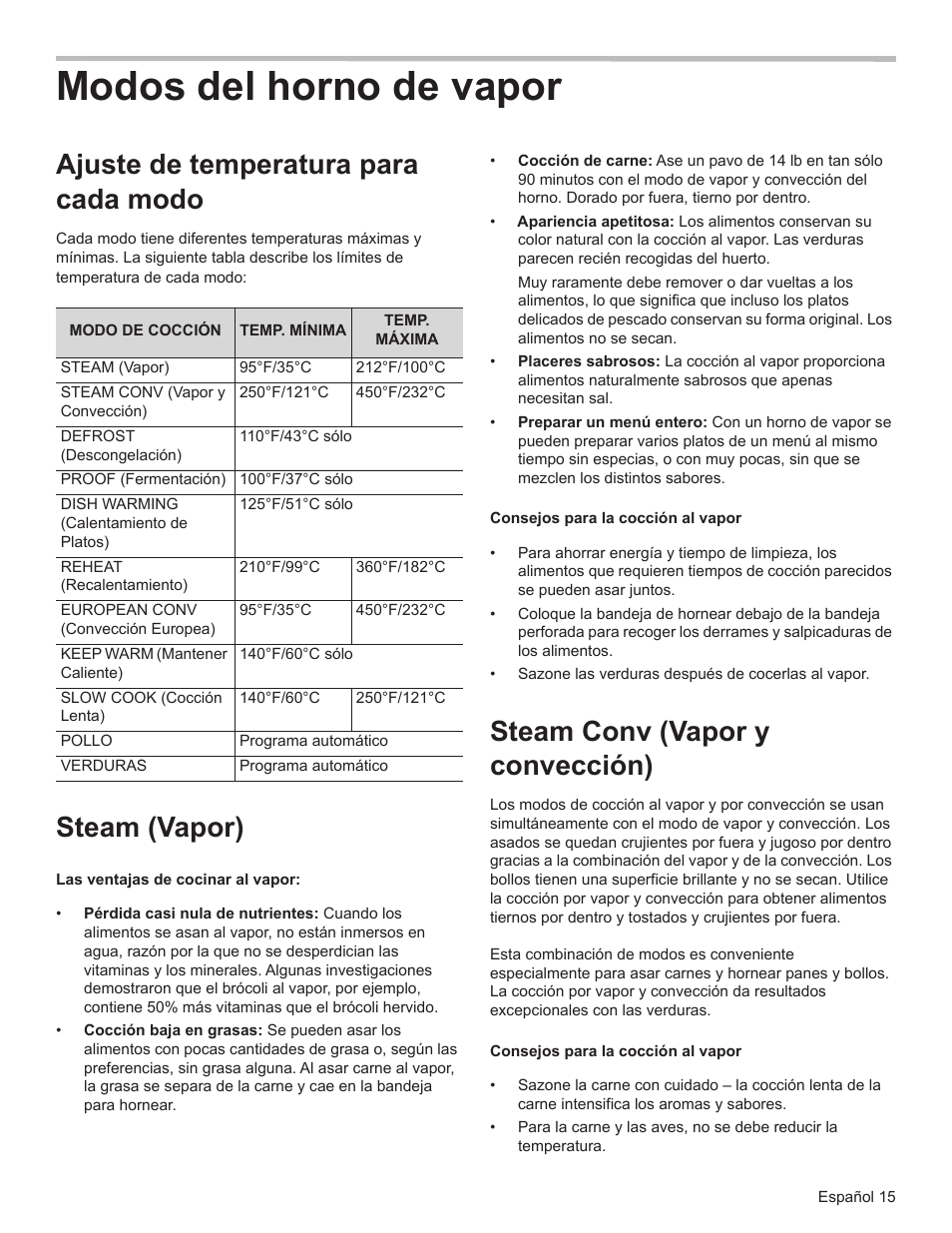 Modos del horno de vapor, Ajuste de temperatura para cada modo, Steam (vapor) | Steam conv (vapor y convección) | Bosch HSLP451UC User Manual | Page 90 / 116