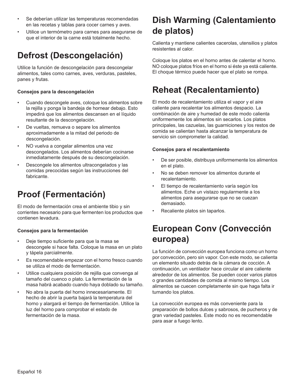 Defrost (descongelación), Proof (fermentación), Dish warming (calentamiento de platos) | Reheat (recalentamiento), European conv (convección europea) | Bosch HSLP451UC User Manual | Page 91 / 116