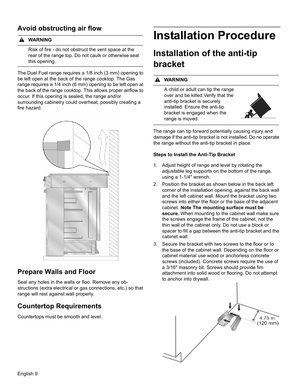 Installation procedure, Installation of the anti-tip bracket, Avoid obstructing air flow | Prepare walls and floor, Countertop requirements | Bosch HGI8054UC User Manual | Page 12 / 68