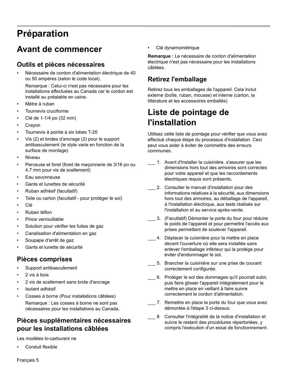 Préparation, Avant de commencer, Liste de pointage de l'installation | Outils et pièces nécessaires, Pièces comprises, Retirez l'emballage | Bosch HGI8054UC User Manual | Page 28 / 68