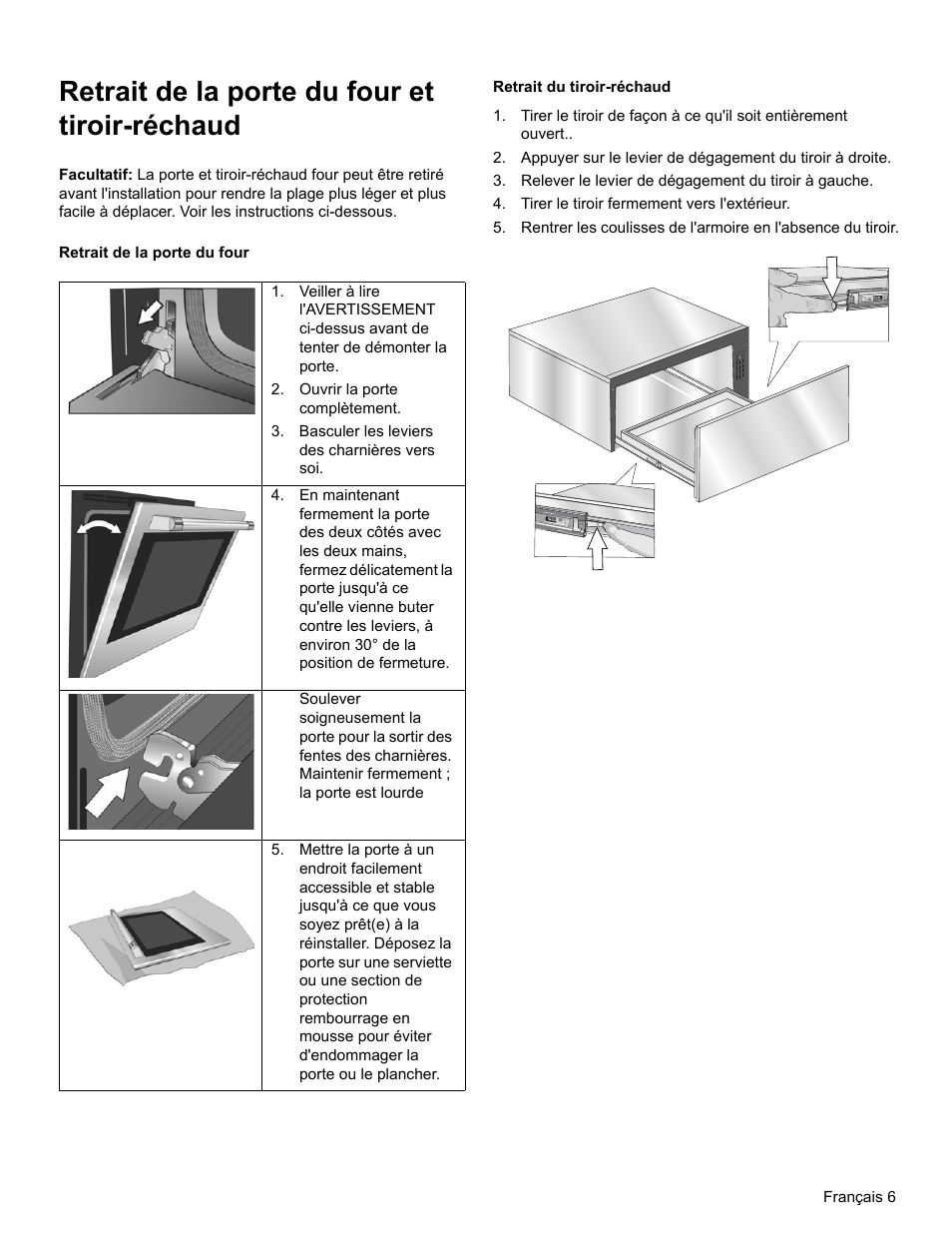 Retrait de la porte du four et tiroir-réchaud | Bosch HGI8054UC User Manual | Page 29 / 68