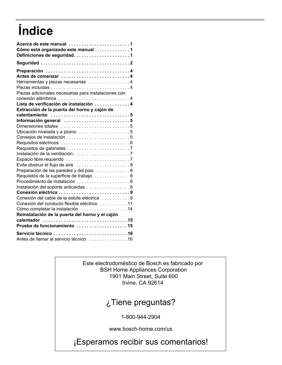 Índice, Tiene preguntas, Esperamos recibir sus comentarios | Bosch HGI8054UC User Manual | Page 45 / 68