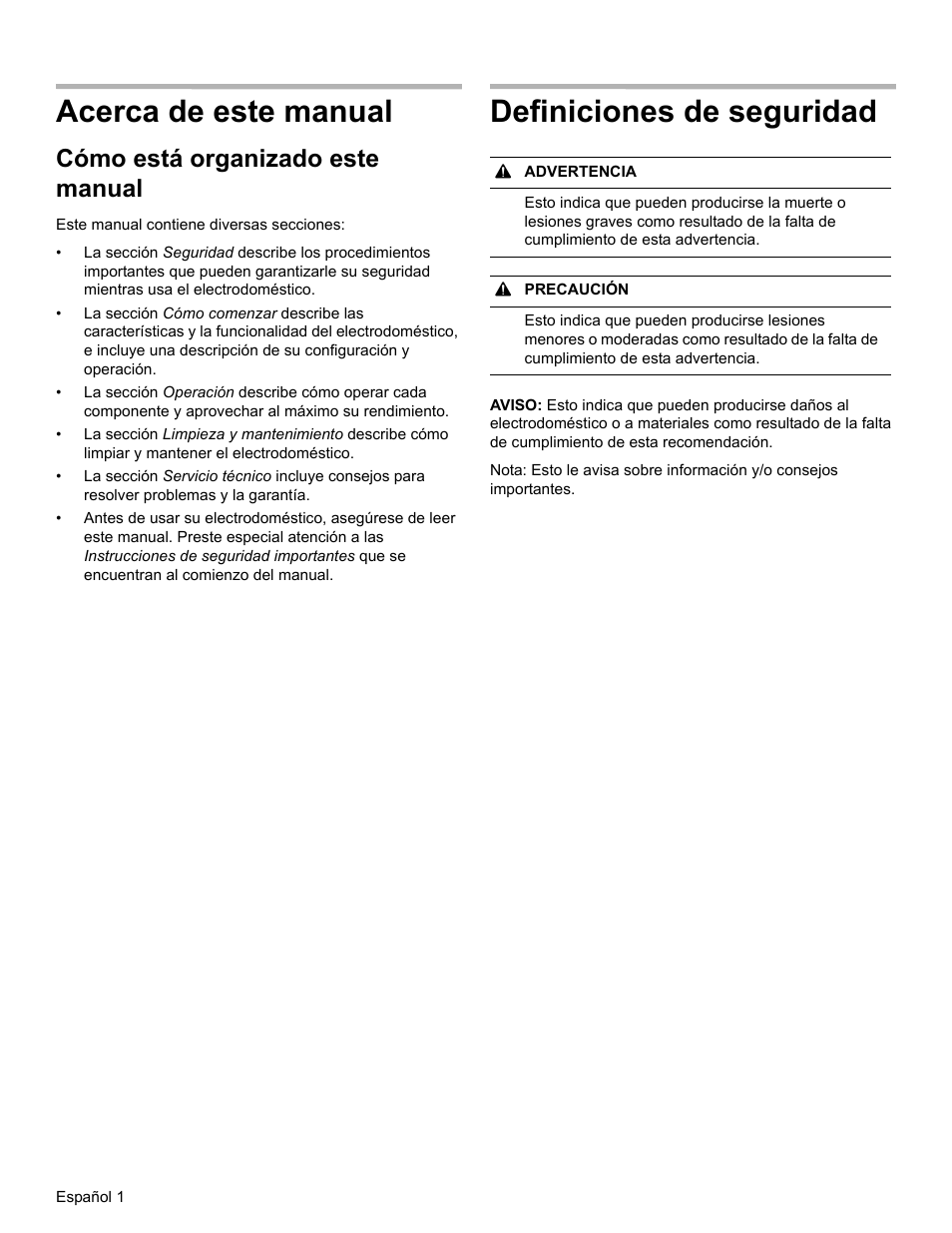 Acerca de este manual, Definiciones de seguridad, Cómo está organizado este manual | Bosch HGI8054UC User Manual | Page 46 / 68