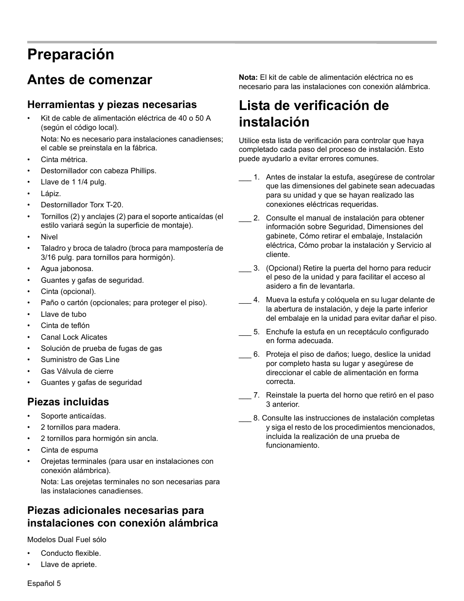 Preparación, Antes de comenzar, Lista de verificación de instalación | Herramientas y piezas necesarias, Piezas incluidas | Bosch HGI8054UC User Manual | Page 50 / 68