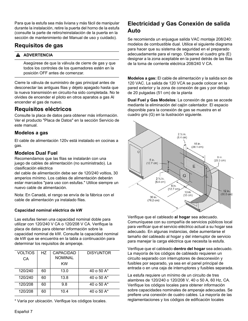 Requisitos de gas, Requisitos eléctricos, Electricidad y gas conexión de salida auto | Bosch HGI8054UC User Manual | Page 52 / 68