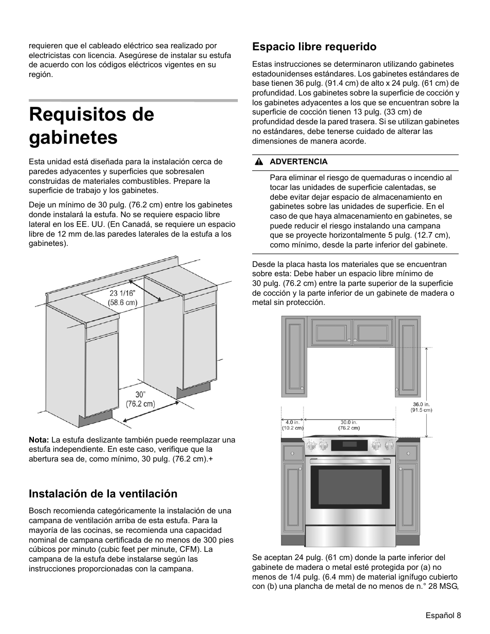 Requisitos de gabinetes, Instalación de la ventilación, Espacio libre requerido | Bosch HGI8054UC User Manual | Page 53 / 68