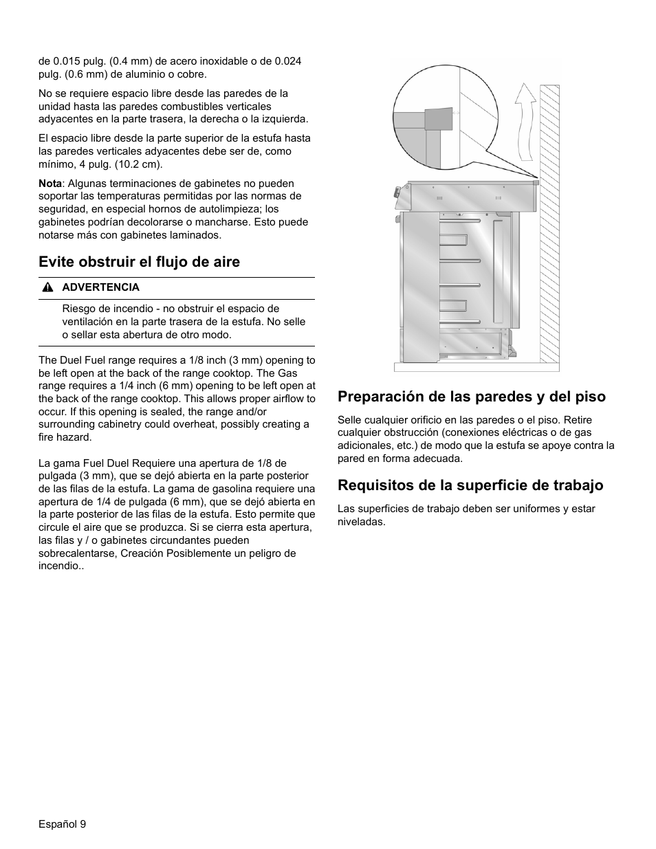 Evite obstruir el flujo de aire, Preparación de las paredes y del piso, Requisitos de la superficie de trabajo | Bosch HGI8054UC User Manual | Page 54 / 68