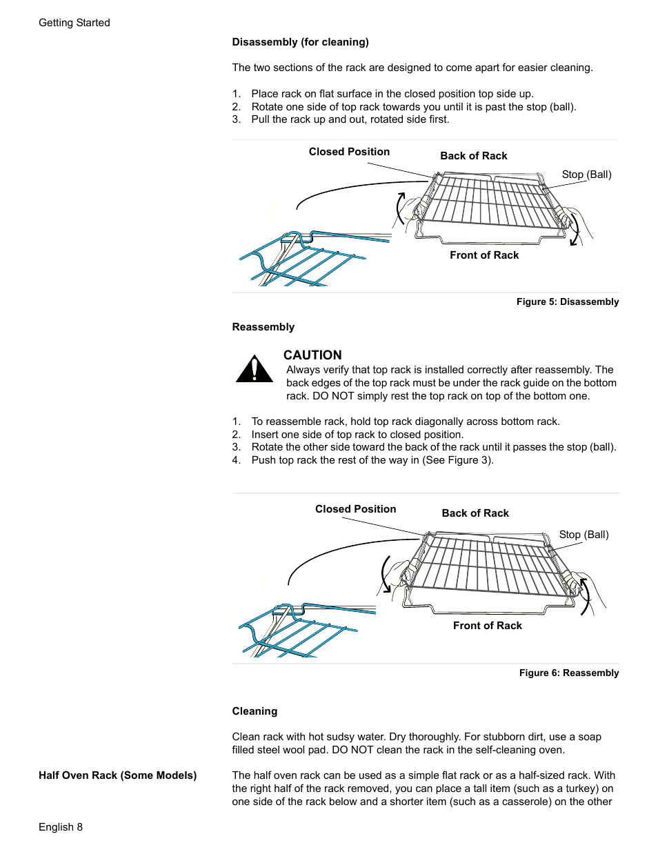 Pull the rack up and out, rotated side first, Figure 5: disassembly, Insert one side of top rack to closed position | Figure 6: reassembly, Half oven rack (some models) | Bosch HES7282U User Manual | Page 10 / 128