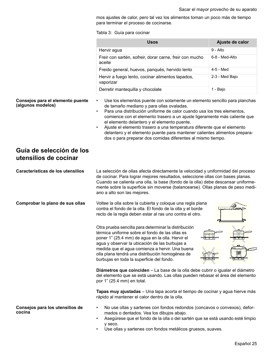Tabla 3: guía para cocinar, Consejos para el elemento puente (algunos modelos), Guía de selección de los utensilios de cocinar | Características de los utensilios, Comprobar lo plano de sus ollas, Consejos para los utensilios de cocina | Bosch HES7282U User Manual | Page 109 / 128