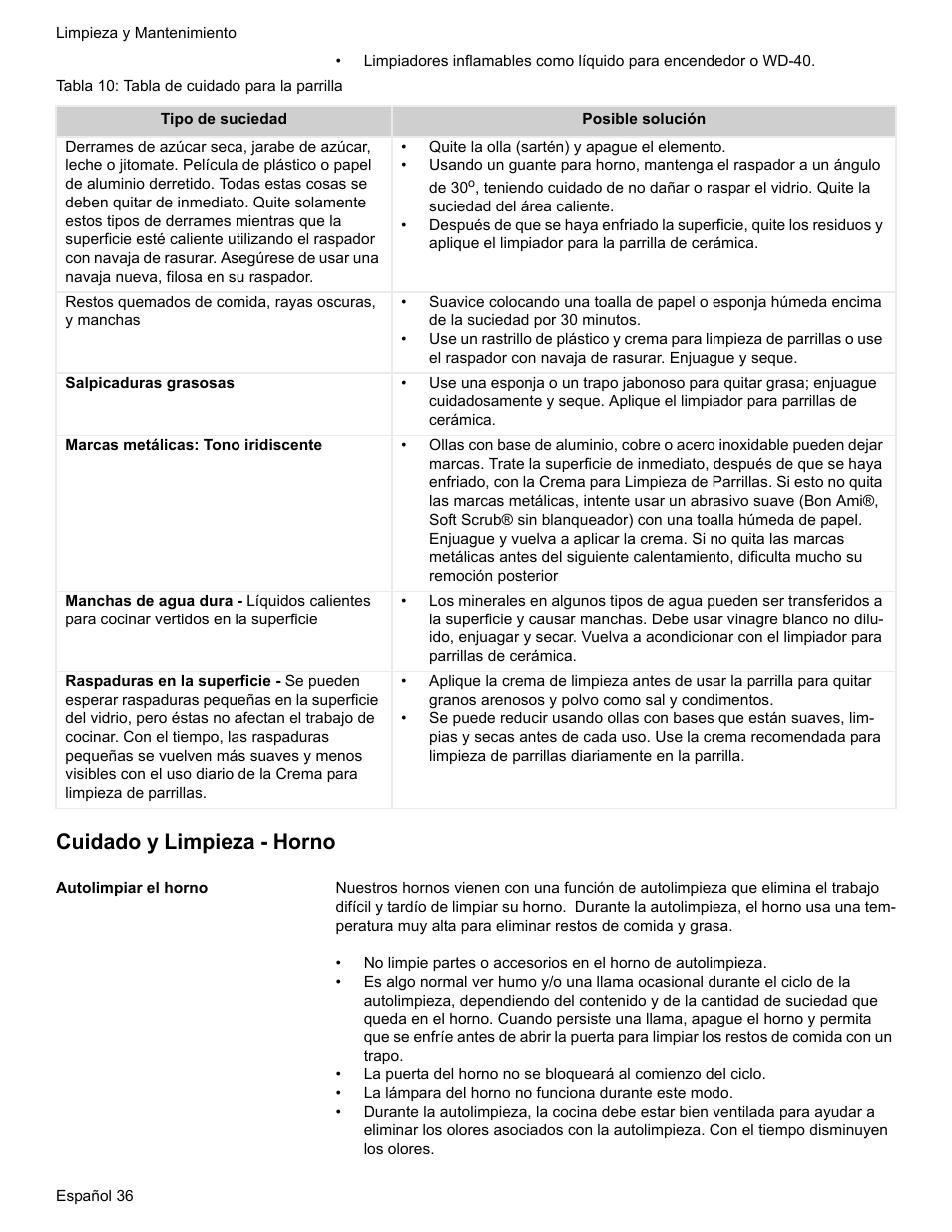 Tabla 10: tabla de cuidado para la parrilla, Cuidado y limpieza - horno, Autolimpiar el horno | Bosch HES7282U User Manual | Page 120 / 128