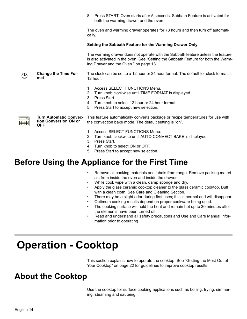 Change the time format, Access select functions menu, Turn knob clockwise until time format is displayed | Press start, Turn knob to select 12 hour or 24 hour format, Press start to accept new selection, Turn automatic convection conversion on or off, Turn knob to select on or off, Before using the appliance for the first time, Operation - cooktop | Bosch HES7282U User Manual | Page 16 / 128
