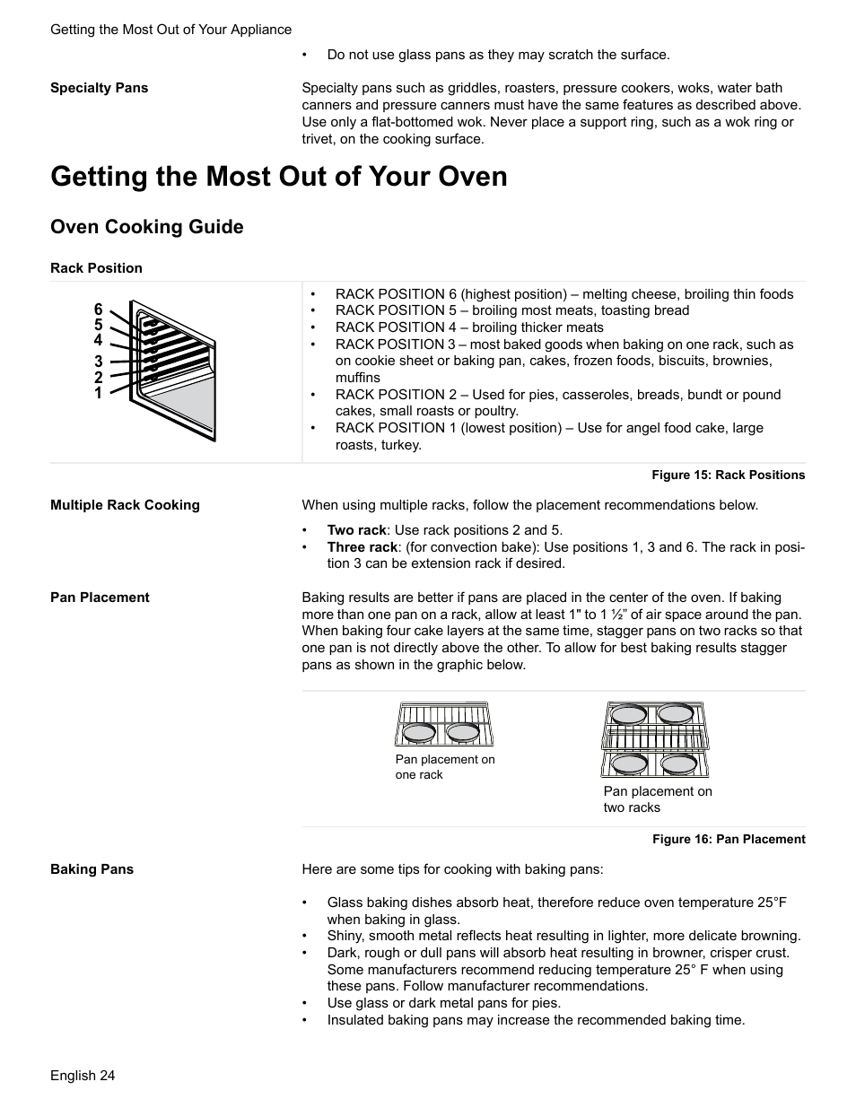 Specialty pans, Getting the most out of your oven, Oven cooking guide | Rack position, Figure 15: rack positions, Multiple rack cooking, Pan placement, Figure 16: pan placement, Baking pans | Bosch HES7282U User Manual | Page 26 / 128