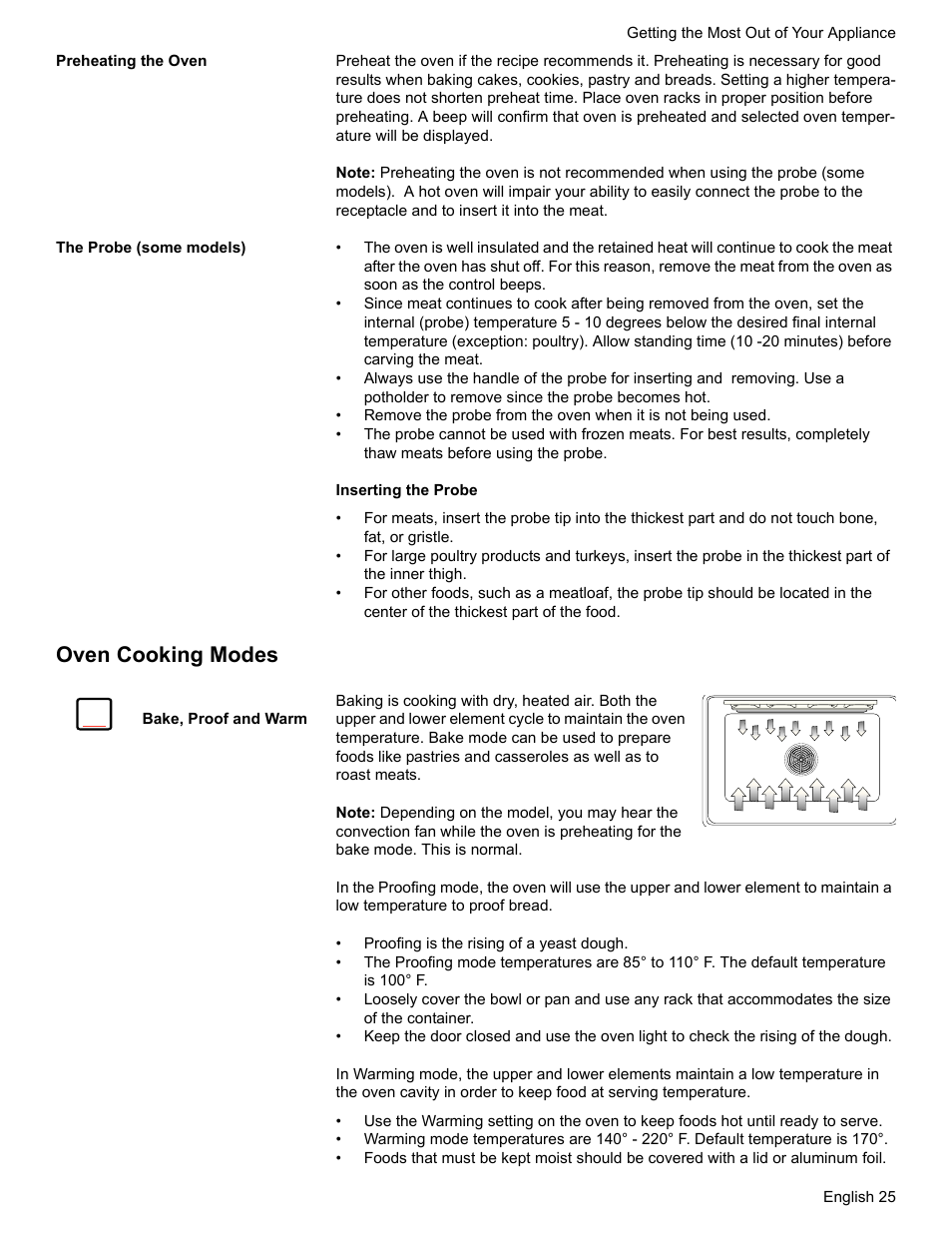 Preheating the oven, The probe (some models), Oven cooking modes | Bake, proof and warm | Bosch HES7282U User Manual | Page 27 / 128