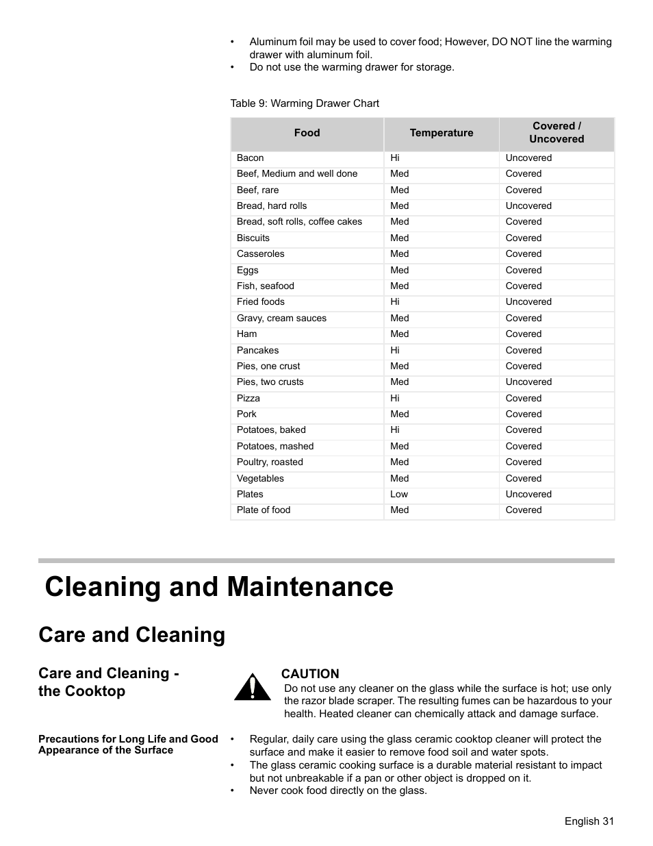 Table 9: warming drawer chart, Cleaning and maintenance, Care and cleaning | Care and cleaning - the cooktop | Bosch HES7282U User Manual | Page 33 / 128