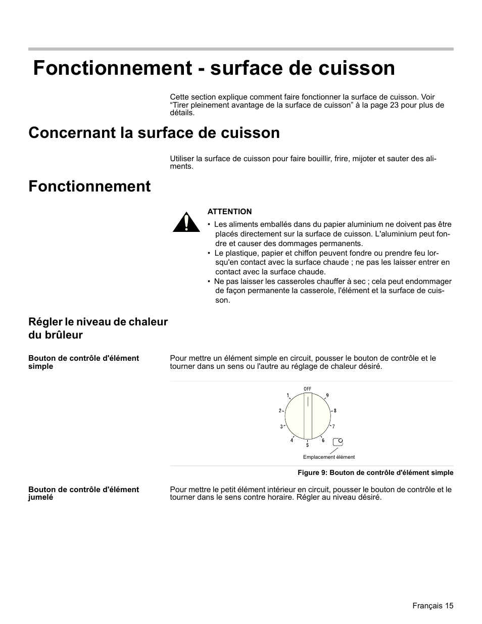 Fonctionnement - surface de cuisson, Concernant la surface de cuisson, Fonctionnement | Régler le niveau de chaleur du brûleur, Bouton de contrôle d'élément simple, Figure 9: bouton de contrôle d'élément simple, Bouton de contrôle d'élément jumelé | Bosch HES7282U User Manual | Page 57 / 128