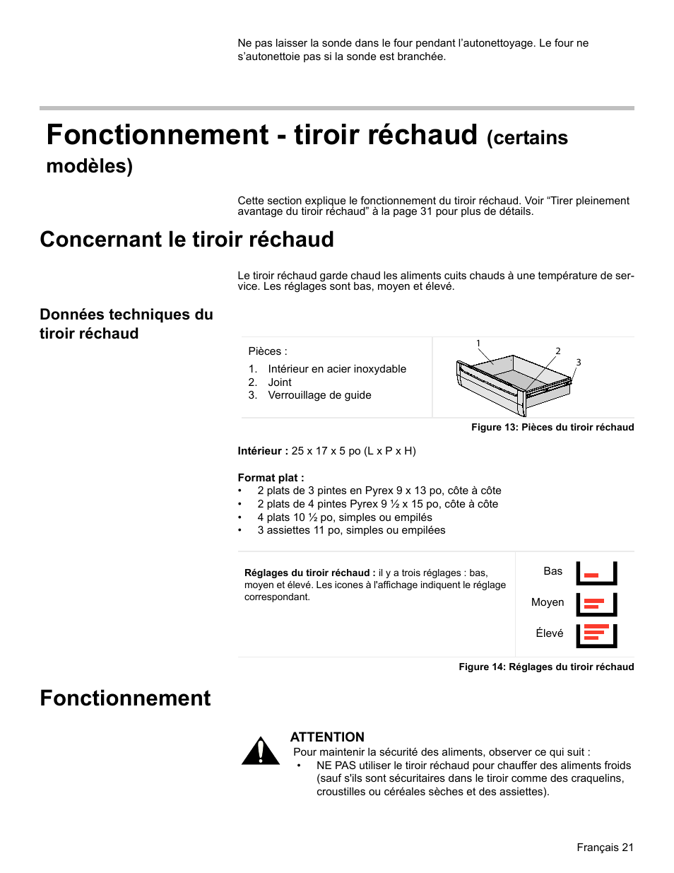 Fonctionnement - tiroir réchaud (certains modèles), Concernant le tiroir réchaud, Données techniques du tiroir réchaud | Intérieur en acier inoxydable, Joint, Verrouillage de guide, Figure 13: pièces du tiroir réchaud, Figure 14: réglages du tiroir réchaud, Fonctionnement, Fonctionnement - tiroir réchaud | Bosch HES7282U User Manual | Page 63 / 128