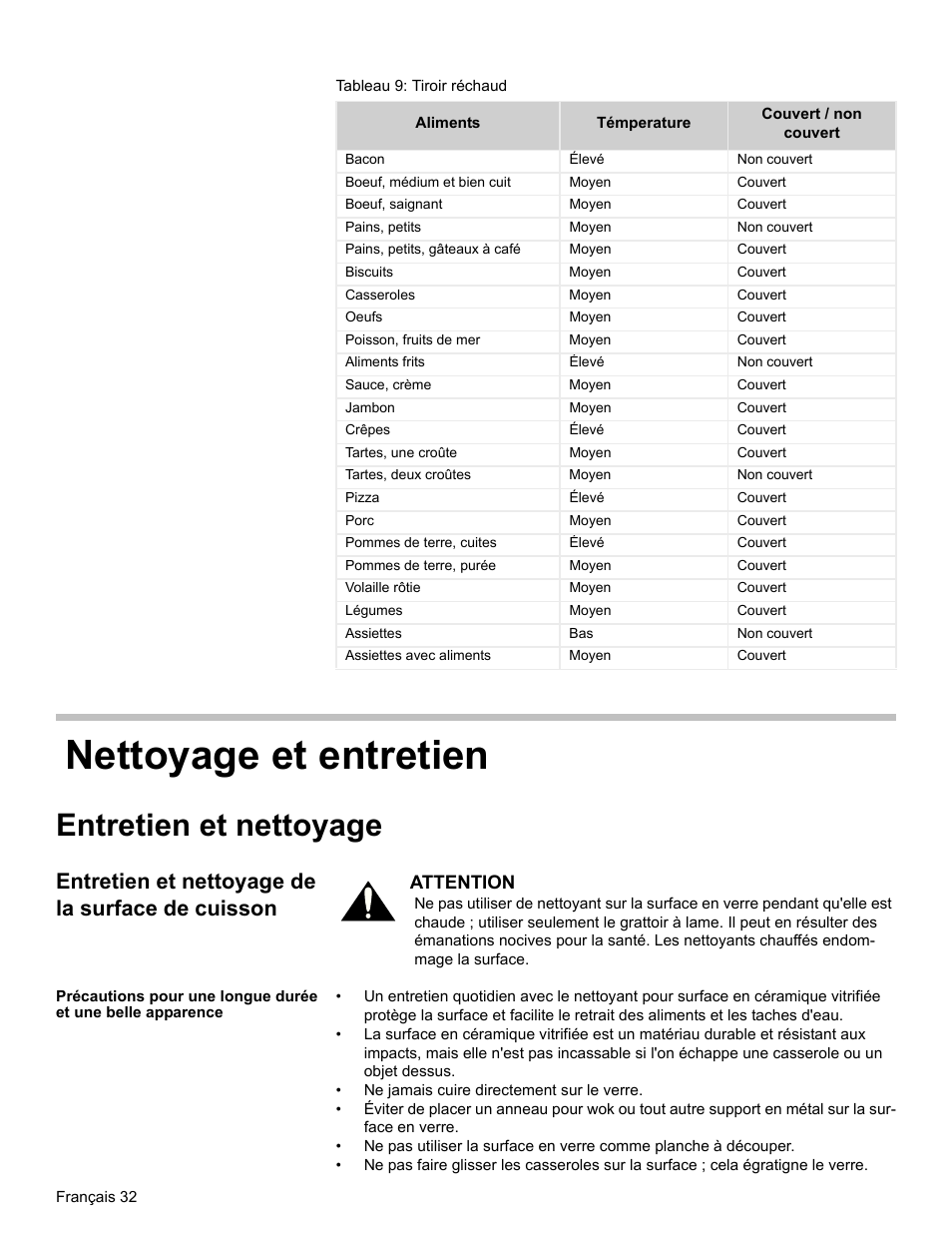 Tableau 9: tiroir réchaud, Nettoyage et entretien, Entretien et nettoyage | Entretien et nettoyage de la surface de cuisson | Bosch HES7282U User Manual | Page 74 / 128