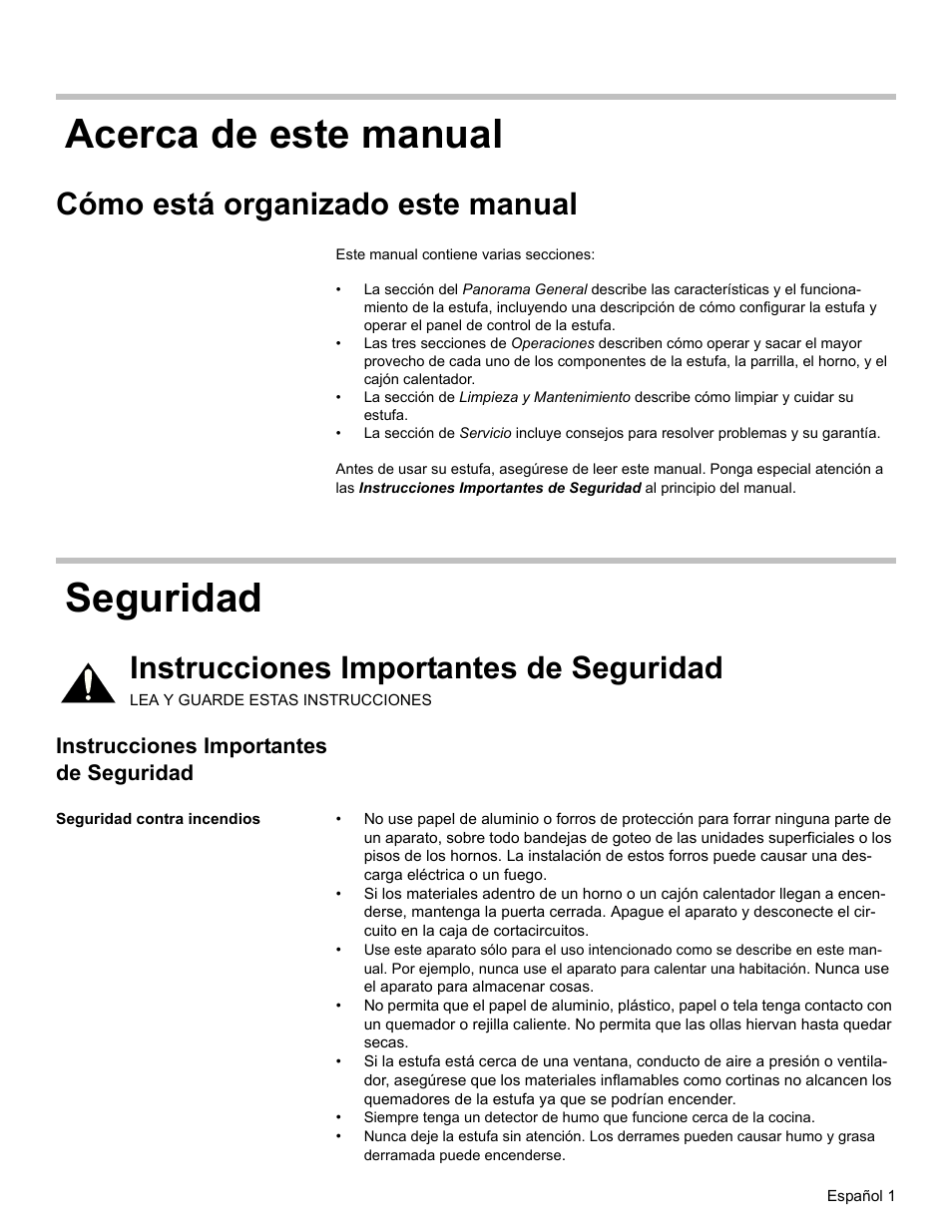 Acerca de este manual, Cómo está organizado este manual, Seguridad | Instrucciones importantes de seguridad, Seguridad contra incendios, Acerca de este manual seguridad | Bosch HES7282U User Manual | Page 85 / 128