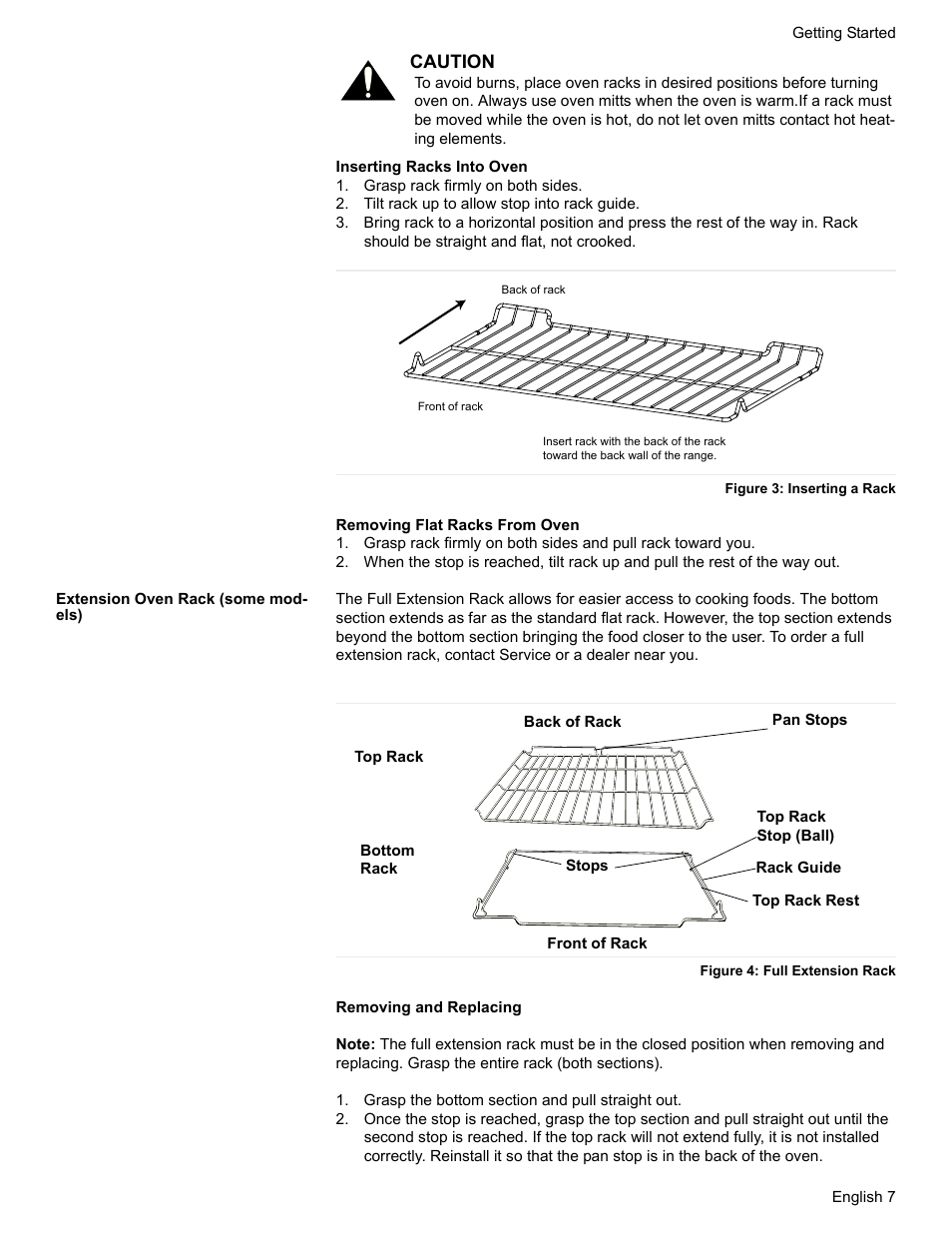 Grasp rack firmly on both sides, Tilt rack up to allow stop into rack guide, Figure 3: inserting a rack | Extension oven rack (some models), Figure 4: full extension rack, Grasp the bottom section and pull straight out | Bosch HES7282U User Manual | Page 9 / 128