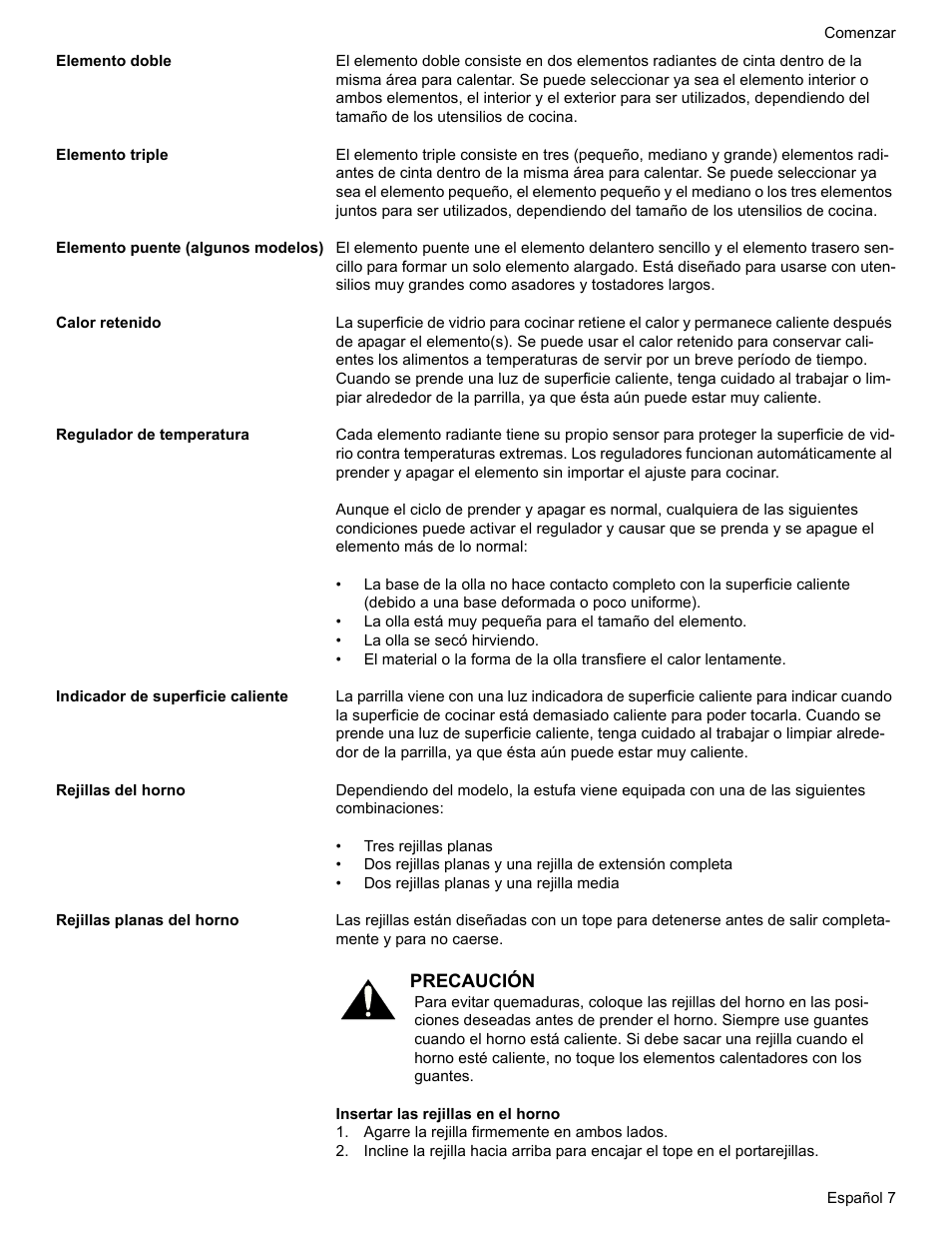 Elemento doble, Elemento triple, Elemento puente (algunos modelos) | Calor retenido, Regulador de temperatura, Indicador de superficie caliente, Rejillas del horno, Rejillas planas del horno, Agarre la rejilla firmemente en ambos lados | Bosch HES7282U User Manual | Page 91 / 128
