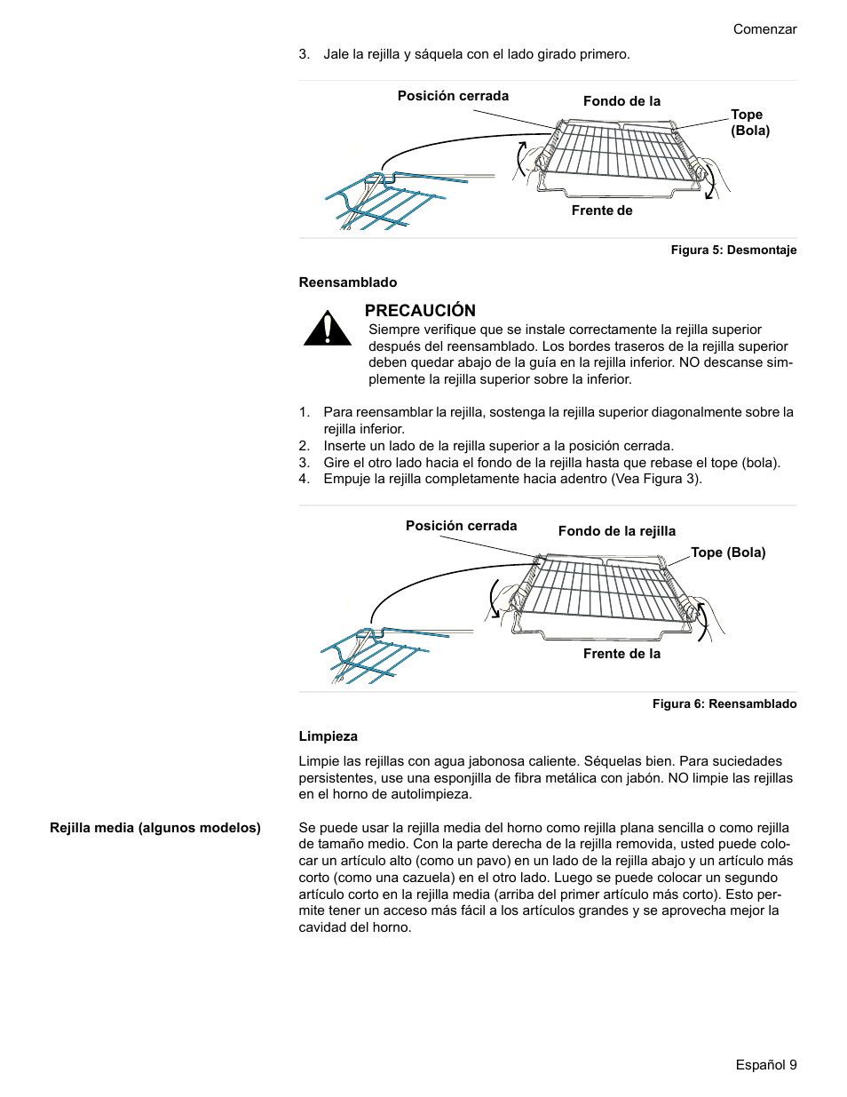 Figura 5: desmontaje, Figura 6: reensamblado, Rejilla media (algunos modelos) | Bosch HES7282U User Manual | Page 93 / 128