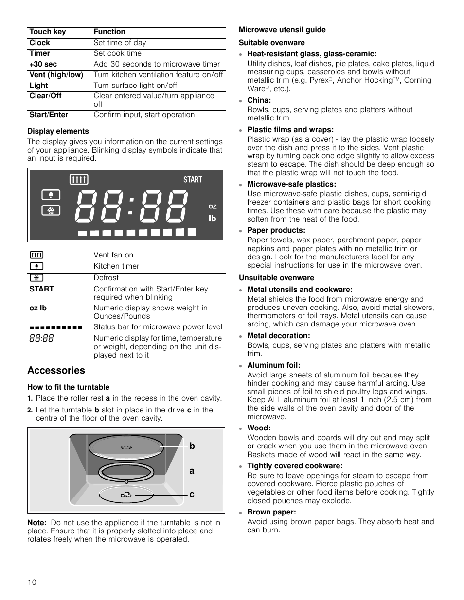 Display elements, Accessories, How to fit the turntable | Note, Microwave utensil guide, Suitable ovenware, China, Plastic films and wraps, Microwave-safe plastics, Paper products | Bosch HMV3062U User Manual | Page 10 / 52