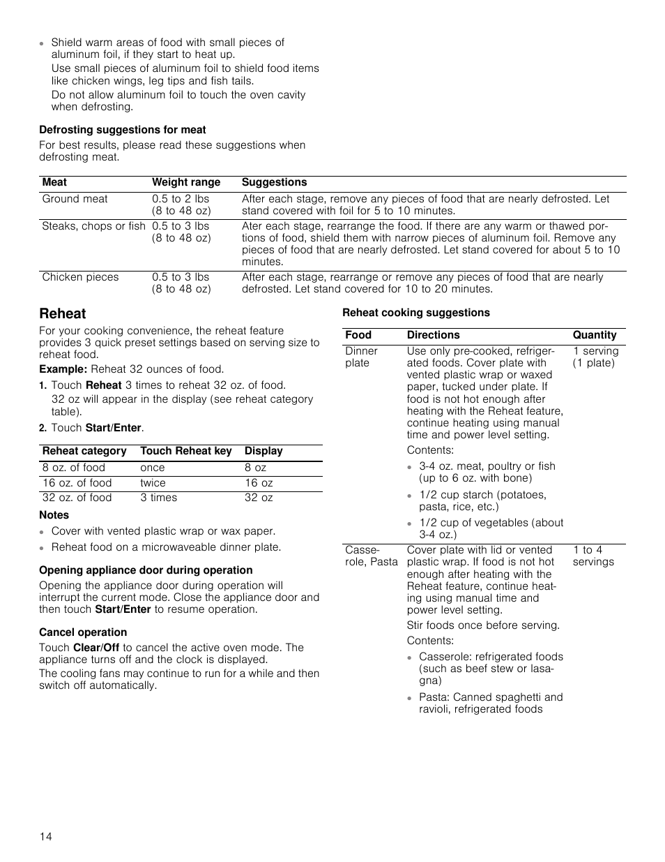 Defrosting suggestions for meat, Reheat, Example: reheat 32 ounces of food | Touch reheat 3 times to reheat 32 oz. of food, Touch start/enter, Notes, Opening appliance door during operation, Cancel operation, Reheat cooking suggestions | Bosch HMV3062U User Manual | Page 14 / 52