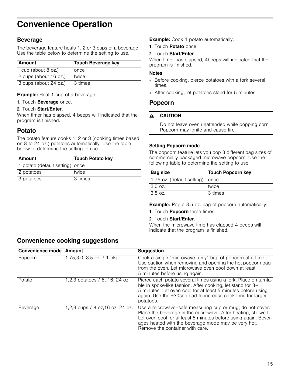 Convenience operation, Beverage, Example: heat 1 cup of a beverage | Touch beverage once, Touch start/enter, Potato, Example: cook 1 potato automatically, Touch potato once, Notes, Popcorn | Bosch HMV3062U User Manual | Page 15 / 52