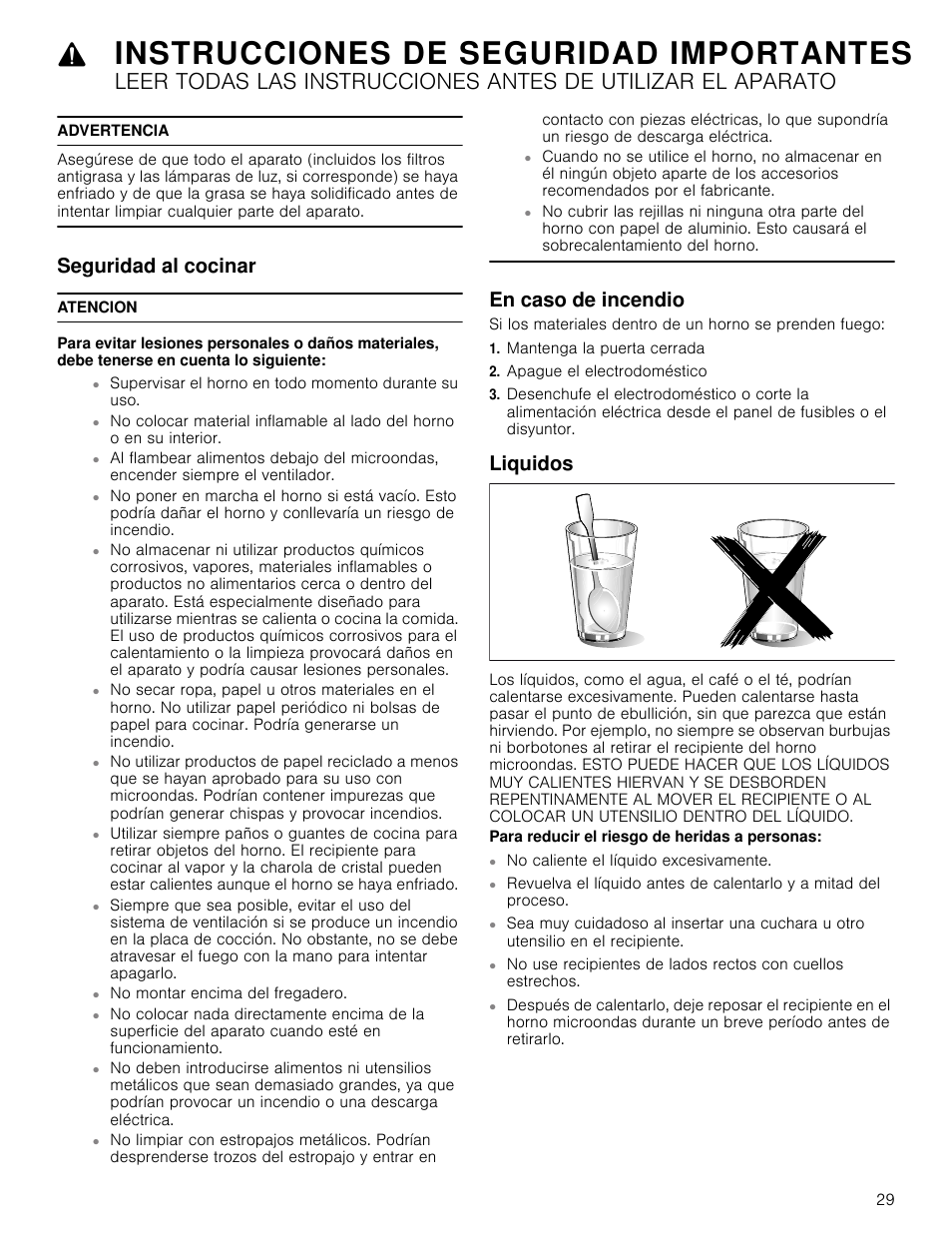 Advertencia, Seguridad al cocinar, Atencion | En caso de incendio, Mantenga la puerta cerrada, Apague el electrodoméstico, Liquidos, Para reducir el riesgo de heridas a personas, Instrucciones de seguridad importantes | Bosch HMV3062U User Manual | Page 29 / 52