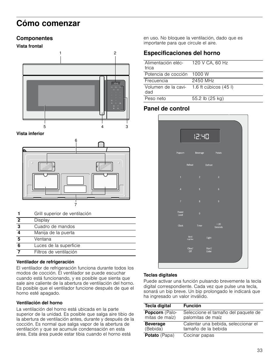 Cómo comenzar, Componentes, Vista frontal | Vista inferior, Ventilador de refrigeración, Ventilación del horno, Especificaciones del horno, Panel de control, Teclas digitales, Especificaciones del horno panel de control | Bosch HMV3062U User Manual | Page 33 / 52