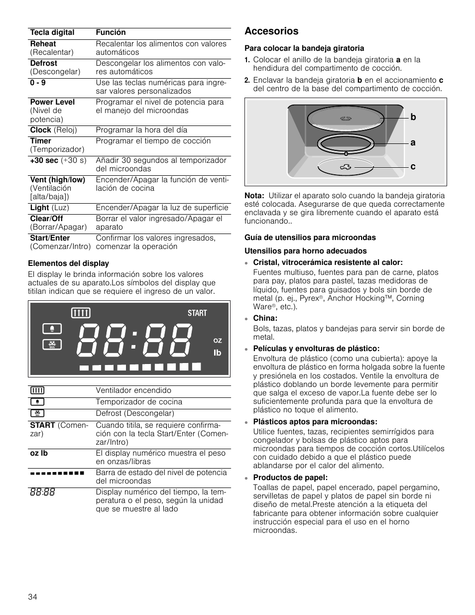 Elementos del display, Accesorios, Para colocar la bandeja giratoria | Nota, Guía de utensilios para microondas, Utensilios para horno adecuados, China, Películas y envolturas de plástico, Plásticos aptos para microondas, Productos de papel | Bosch HMV3062U User Manual | Page 34 / 52