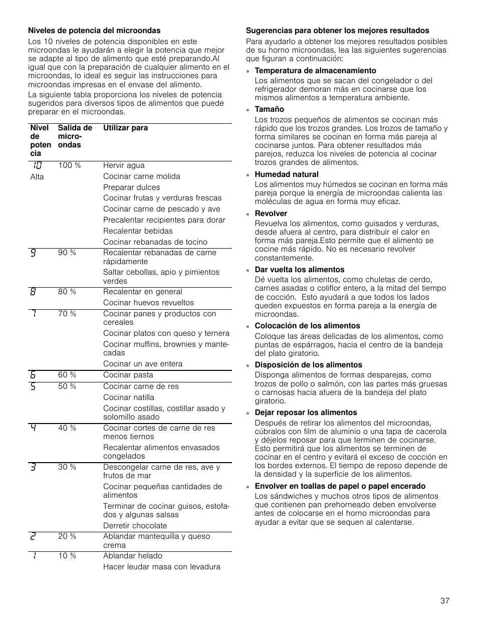 Niveles de potencia del microondas, Sugerencias para obtener los mejores resultados, Tamaño | Humedad natural, Revolver, Dar vuelta los alimentos, Colocación de los alimentos, Disposición de los alimentos, Dejar reposar los alimentos, Envolver en toallas de papel o papel encerado | Bosch HMV3062U User Manual | Page 37 / 52