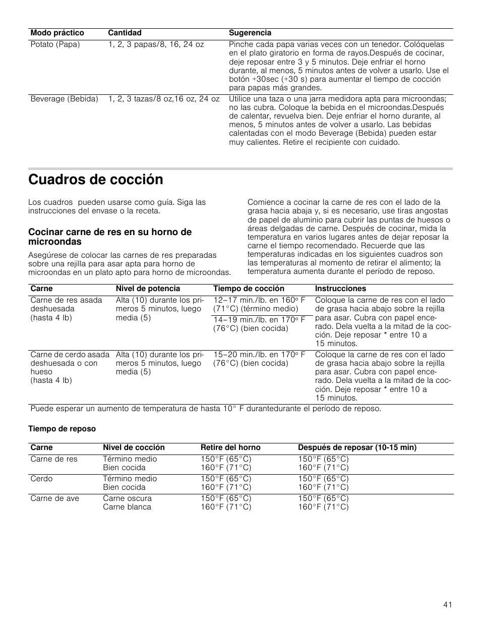 Cuadros de cocción, Cocinar carne de res en su horno de microondas, Tiempo de reposo | Bosch HMV3062U User Manual | Page 41 / 52