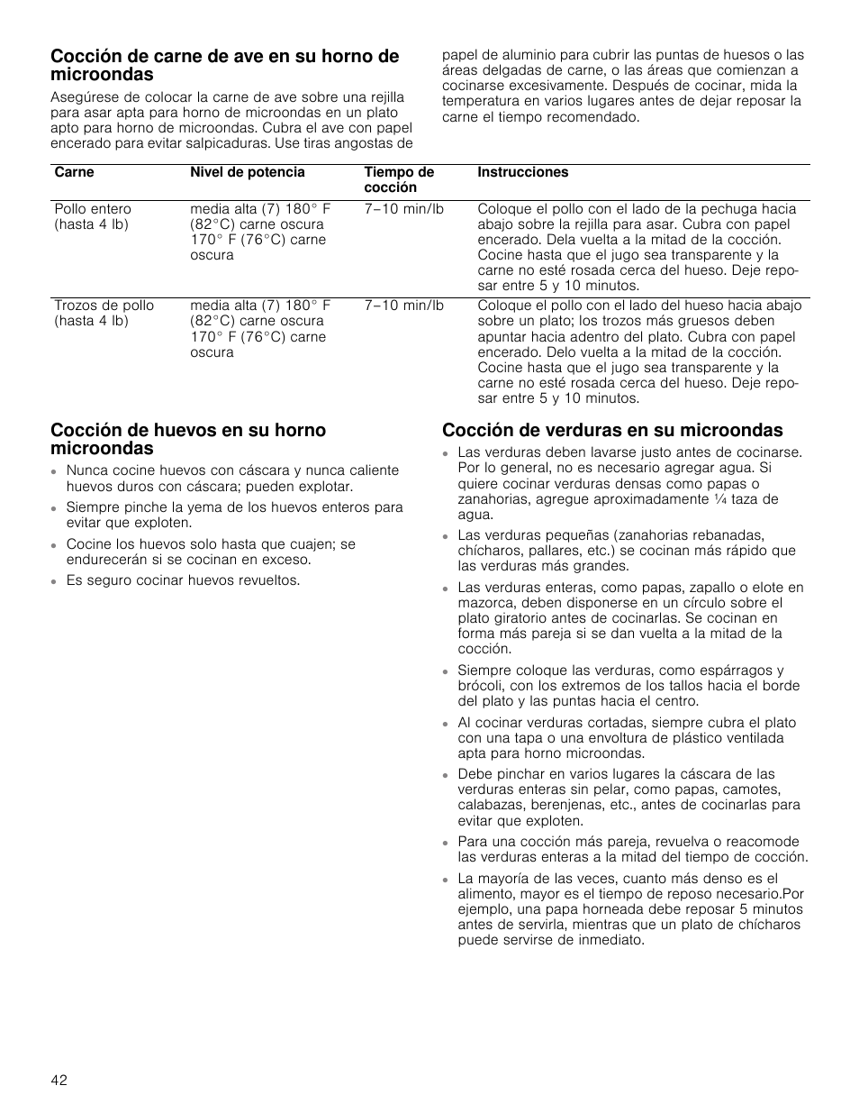 Cocción de carne de ave en su horno de microondas, Cocción de huevos en su horno microondas, Cocción de verduras en su microondas | Bosch HMV3062U User Manual | Page 42 / 52