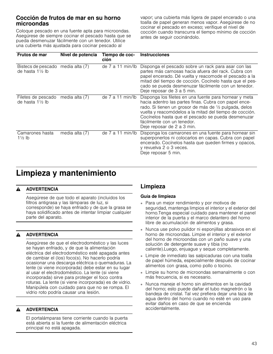 Cocción de frutos de mar en su horno microondas, Limpieza y mantenimiento, 9 advertencia | Limpieza, Guía de limpieza | Bosch HMV3062U User Manual | Page 43 / 52