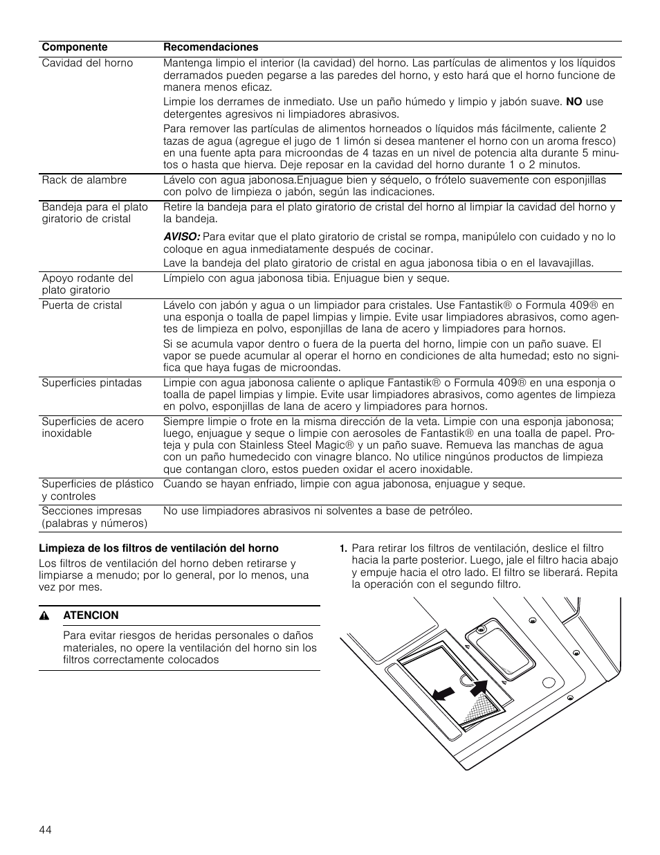 Limpieza de los filtros de ventilación del horno, 9 atencion | Bosch HMV3062U User Manual | Page 44 / 52