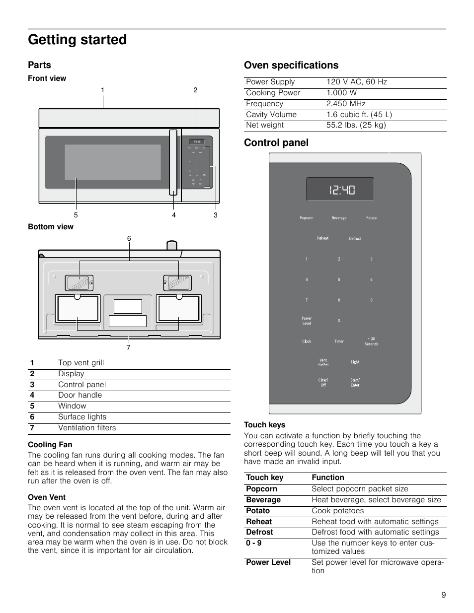 Getting started, Parts, Front view | Bottom view, Cooling fan, Oven vent, Oven specifications, Control panel, Touch keys, Oven specifications control panel | Bosch HMV3062U User Manual | Page 9 / 52